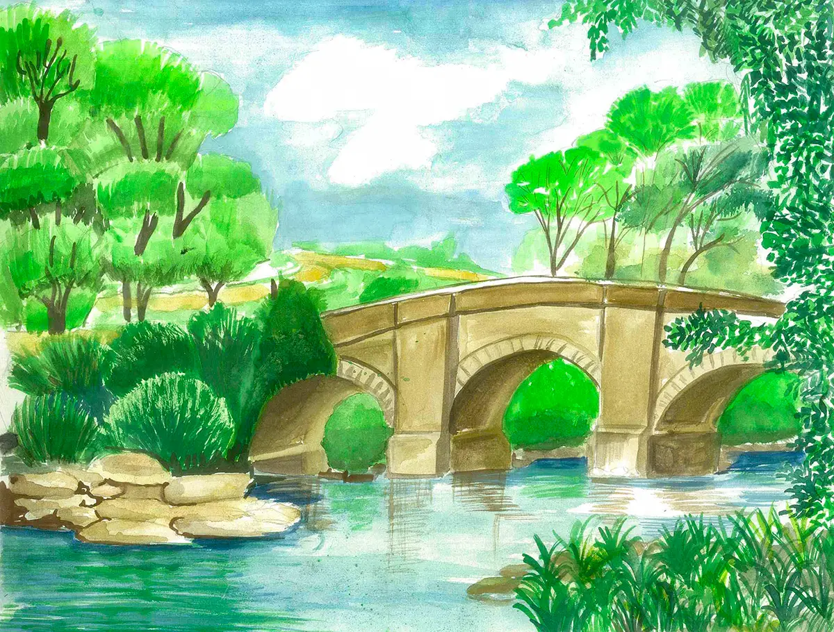 Bridge Scene Watercolor