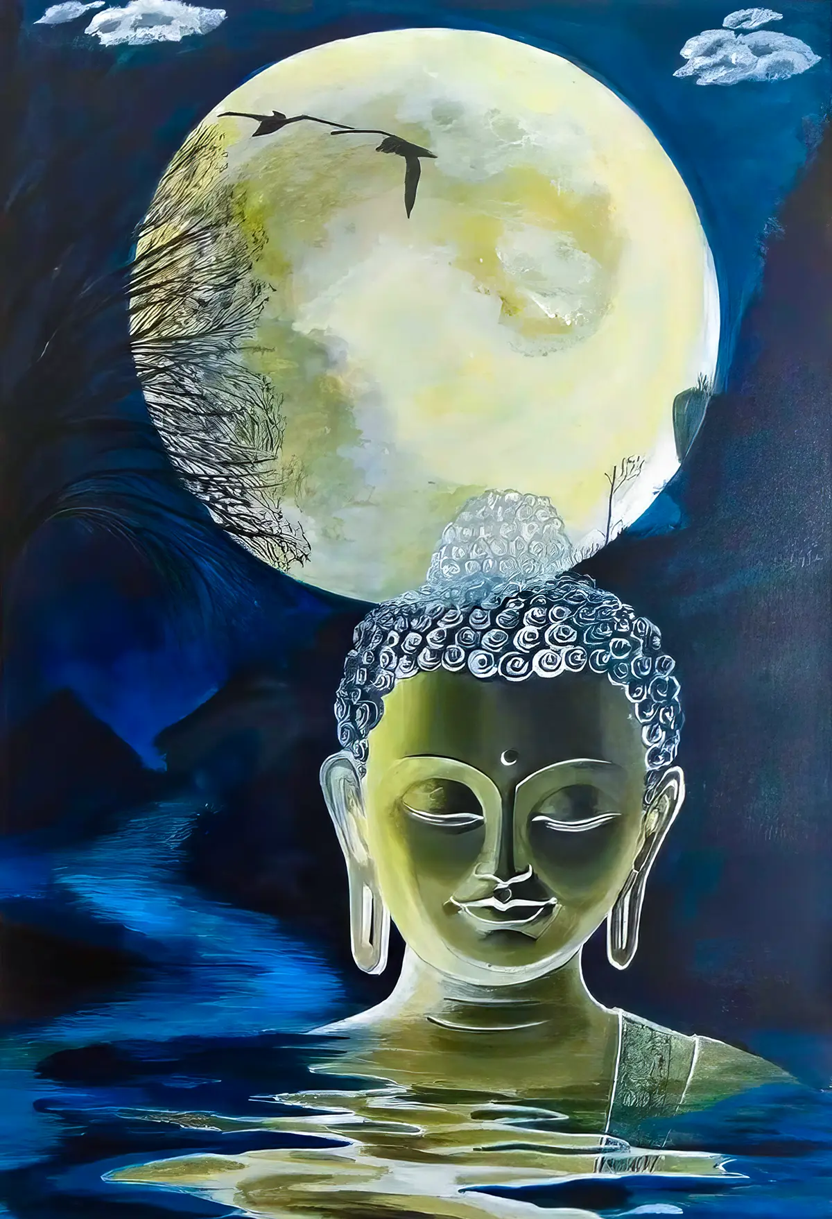 Student artwork - Serene Buddha portrait painted with acrylic colors on canvas showing detailed brushwork