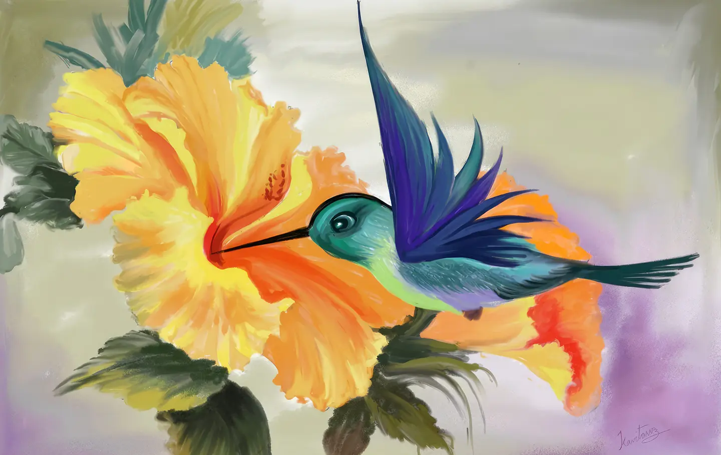 Detailed hummingbird painting created by student using poster colors with delicate color gradients