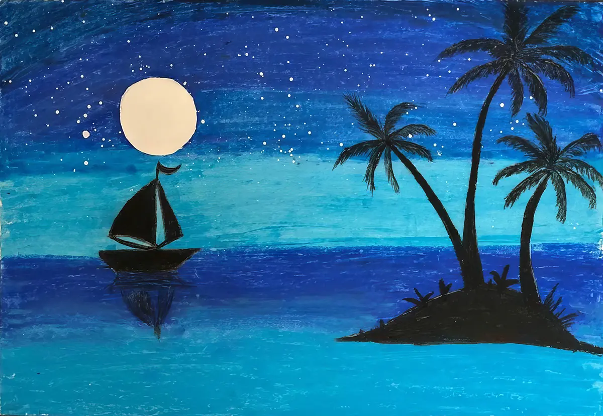 Student painting of a night ocean scene with moonlight reflection