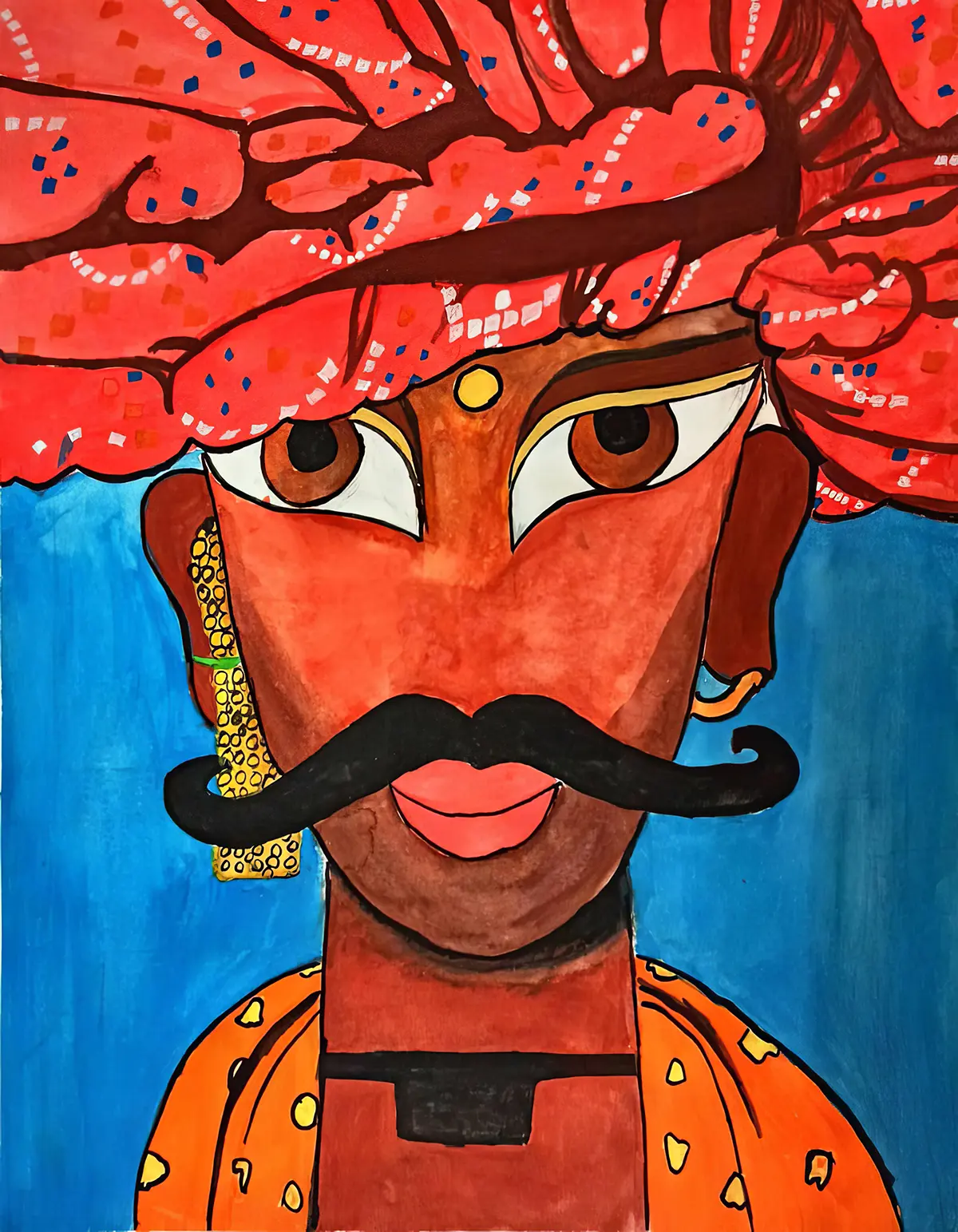 Student artwork: Portrait painting of a rural man in turban, created using traditional techniques