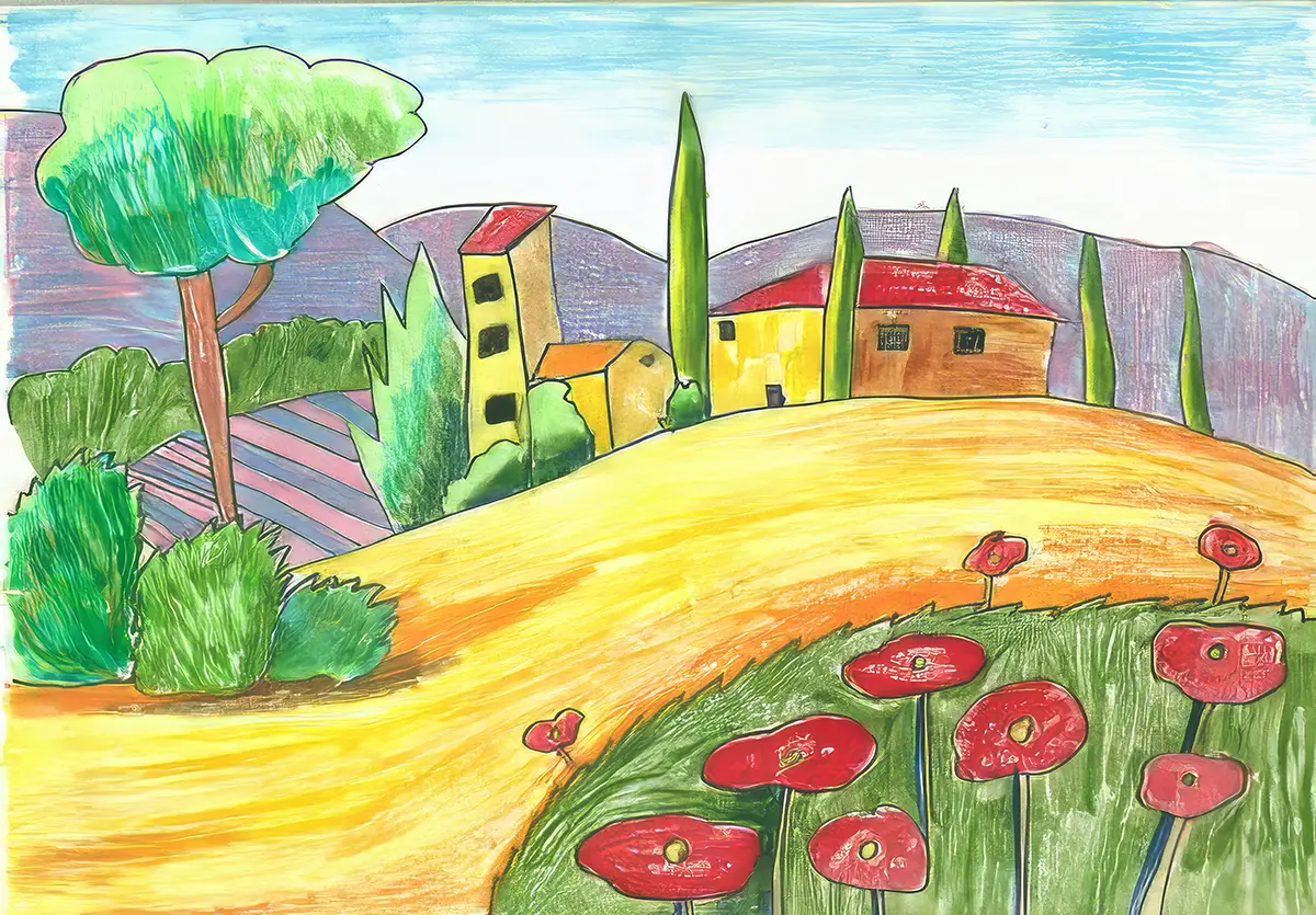 Student artwork of a village scene created with pastel colors during hobby art classes