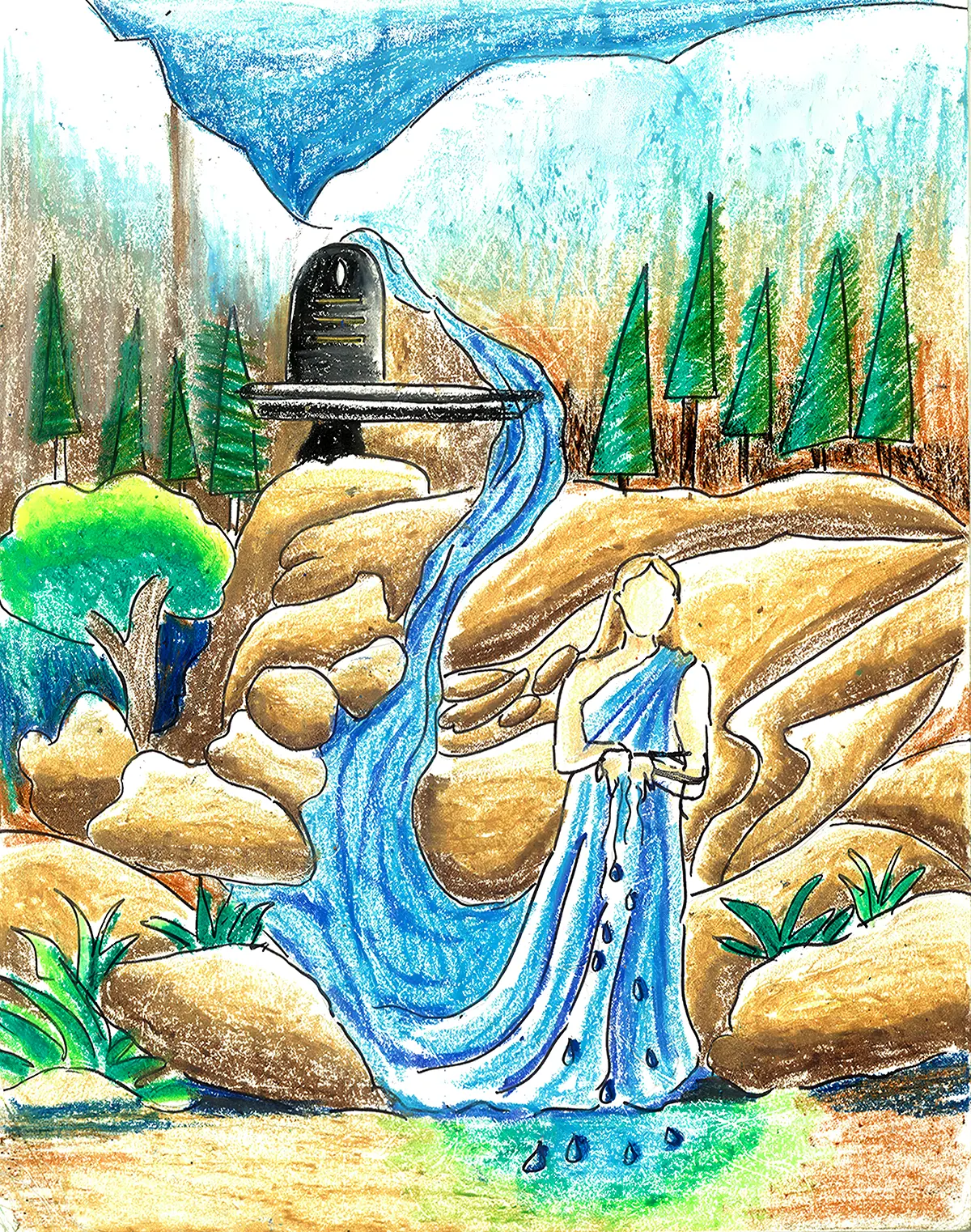 Lady by Waterfall Pastel