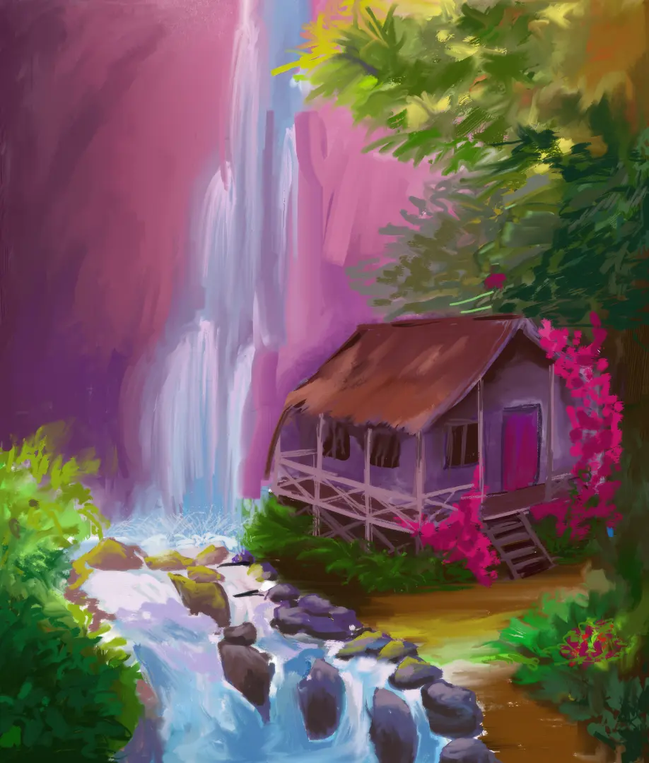 House by Waterfall