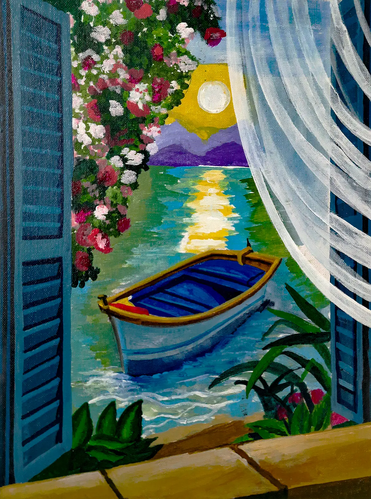 Student artwork: Acrylic painting of a window scene demonstrating architectural composition